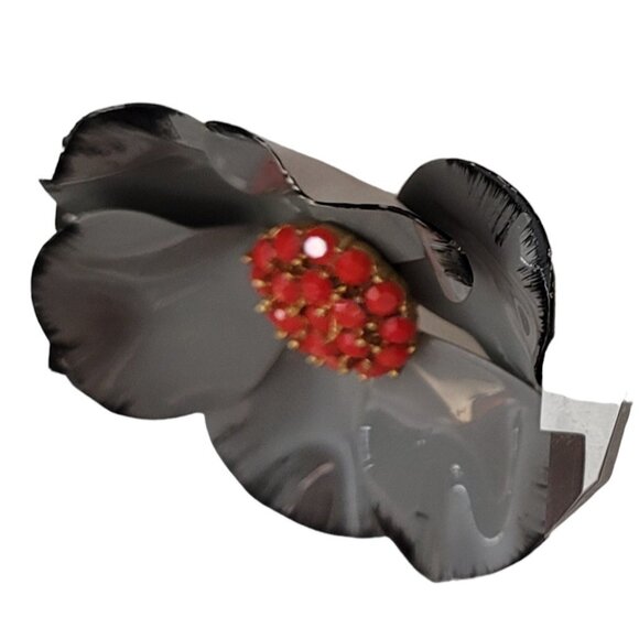 Vintage Scarlet Red Rhinestone And Gray Metal Flower Brooch Pin E650 - Picture 6 of 9